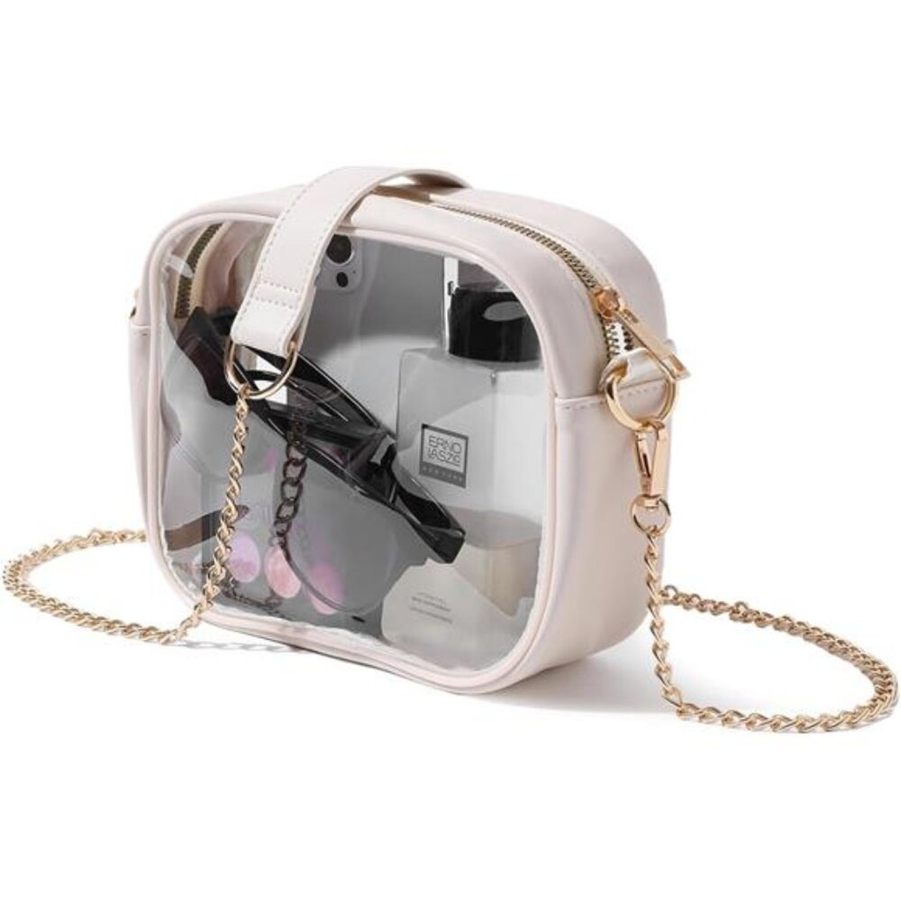 Clear Bag Stadium Approved, Crossbody Transparent Bag Beige - Gold Chain